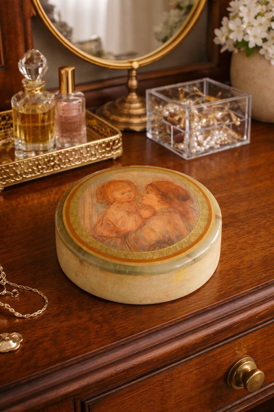 Vintage Edna Hibel Gallery Onyx Trinket Jewelry Box With Lid Mother And Child
